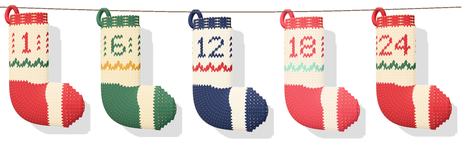 Five mini Fair Isle Christmas stockings numbered 1, 6, 12, 18 and 24, hanging on a string like an advent garland