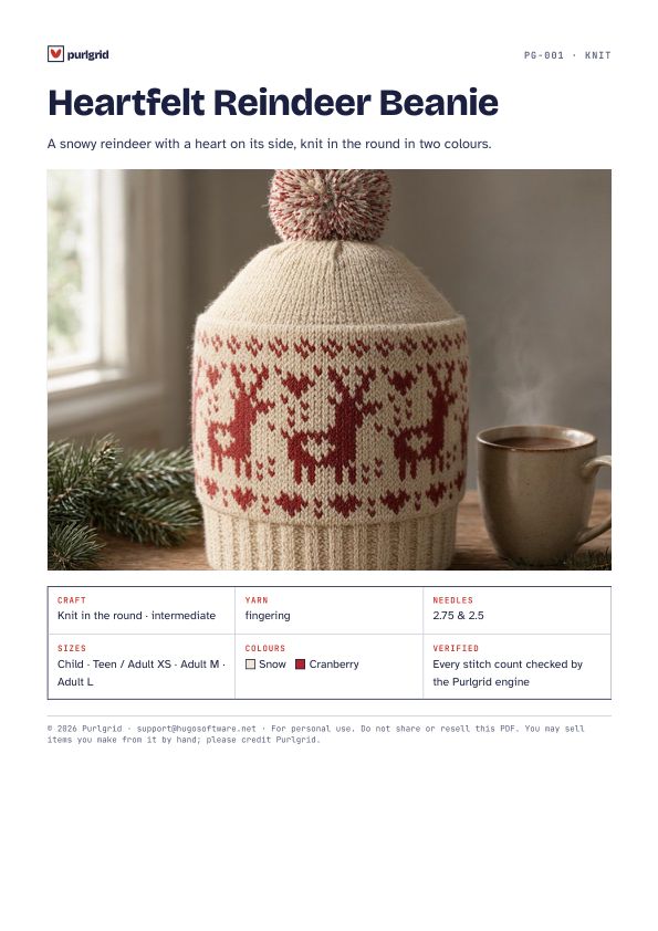 Heartfelt Reindeer Beanie PDF, page 1: Cover & key facts