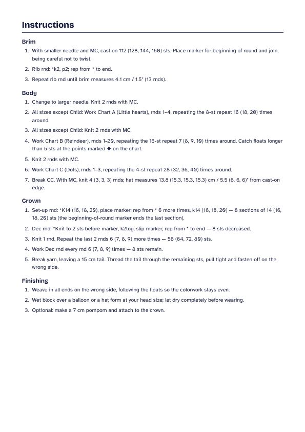 Heartfelt Reindeer Beanie PDF, page 3: Written rounds with stitch counts