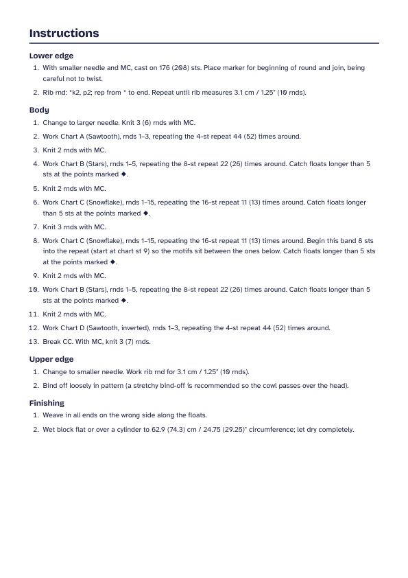 Midnight Snowfall Cowl PDF, page 3: Written rounds with stitch counts