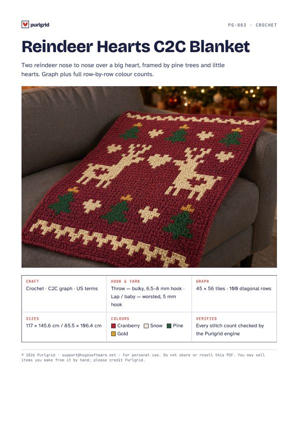 Reindeer Hearts C2C Blanket PDF, page 1: Cover & key facts
