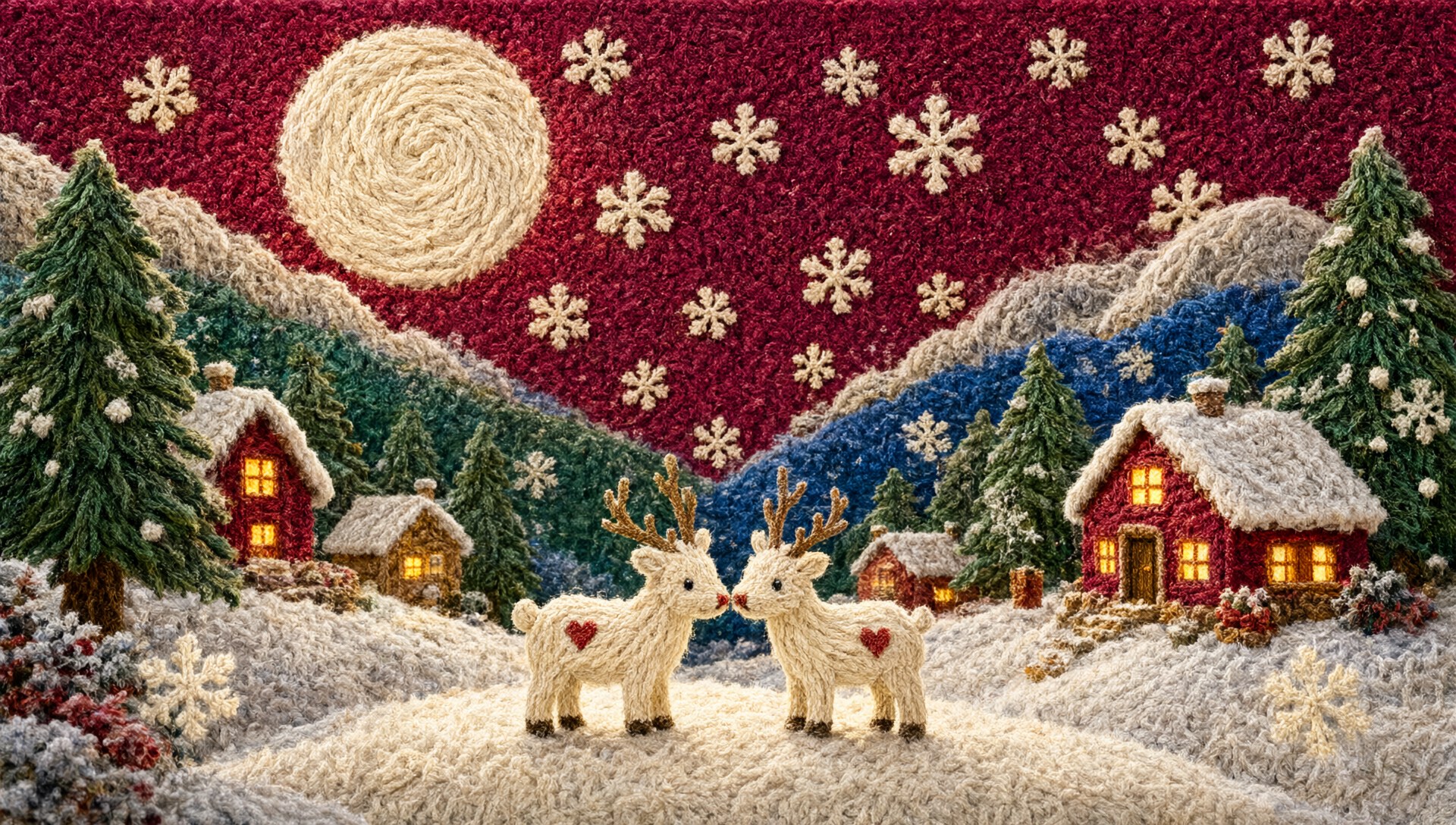 A woolly storybook winter village at dusk: yarn pine trees, glowing cottages, two cream reindeer and a yarn-ball moon