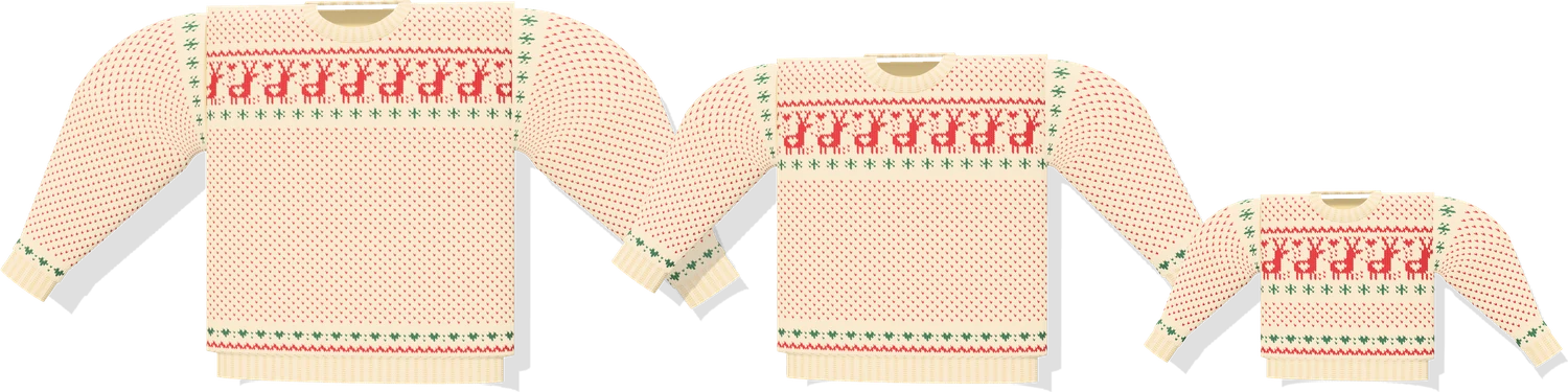The same Fair Isle reindeer Christmas sweater in men's L, women's M and child 6, side by side at true scale