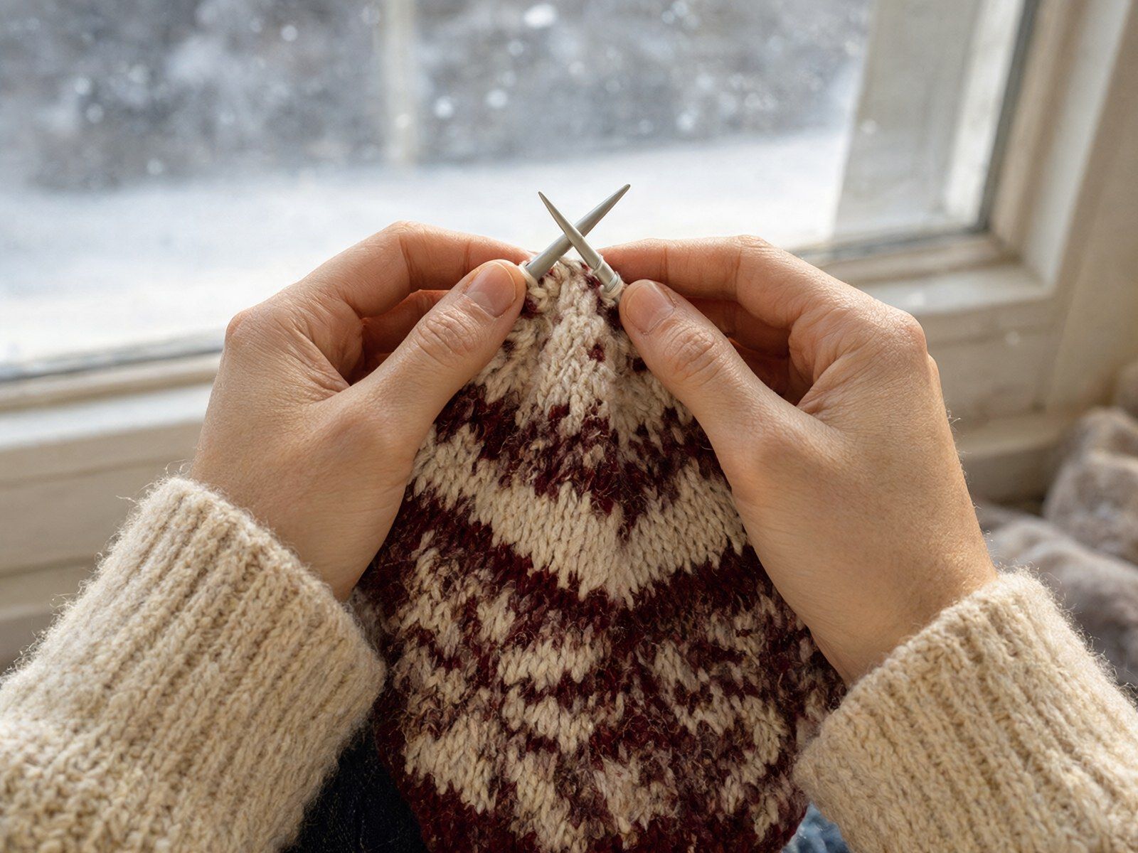 Hands knitting a cream and cranberry Fair Isle hat by a snowy window