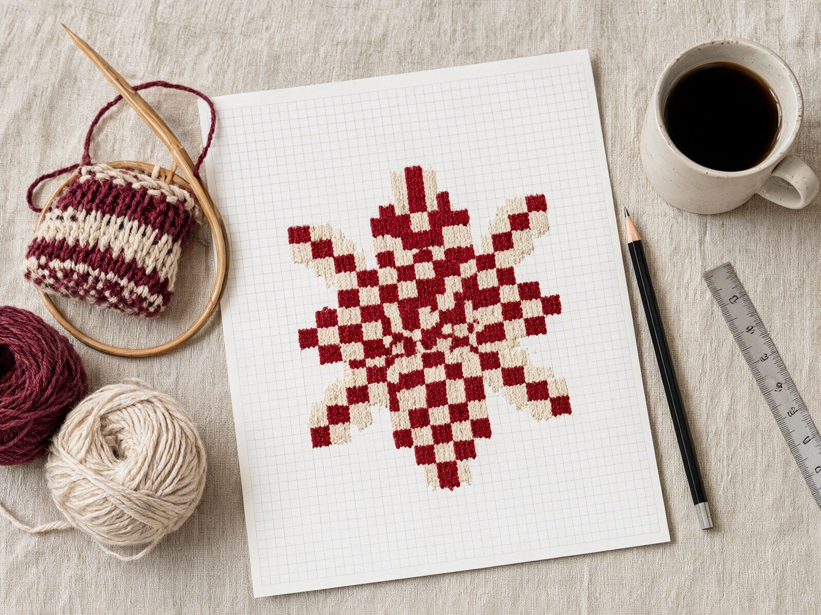 A knitting chart on graph paper next to wooden needles holding a half-finished colourwork band